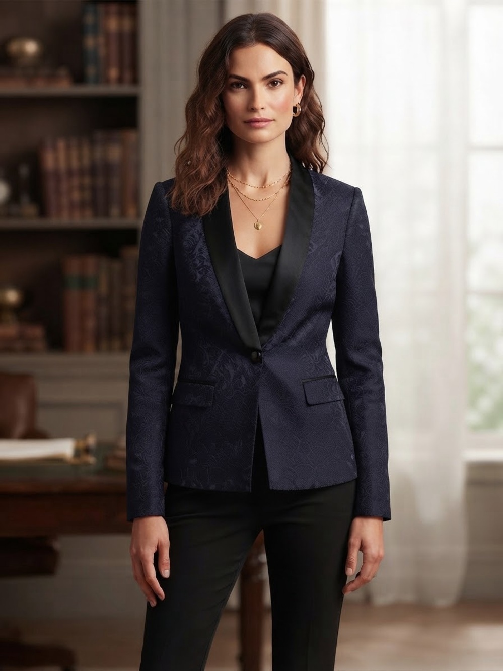VTG Y2K Cache Navy/Black Jacquard Tuxedo-Style Blazer with Satin Lapel